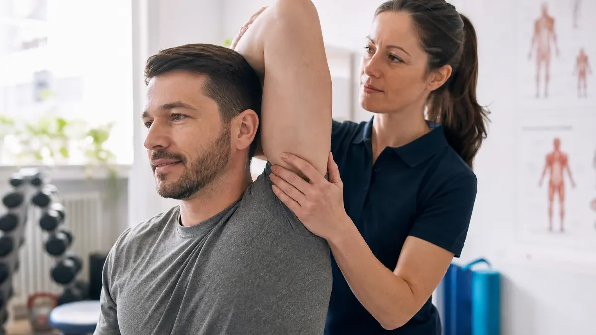 Fizioterapevt med oceno gibljivosti ramena delavca v kliničnem okolju