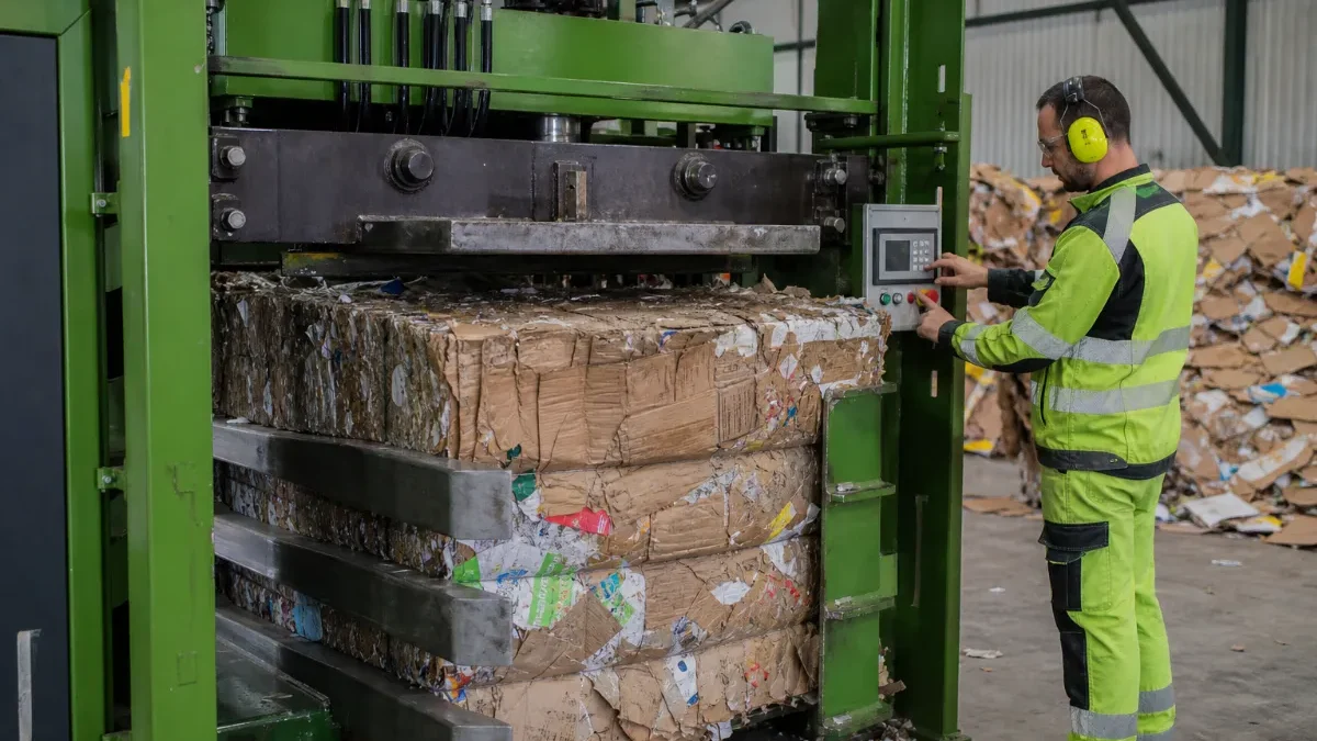 Industrijski balirni stroj med stiskanjem kartonskih odpadkov v bale v tovarni