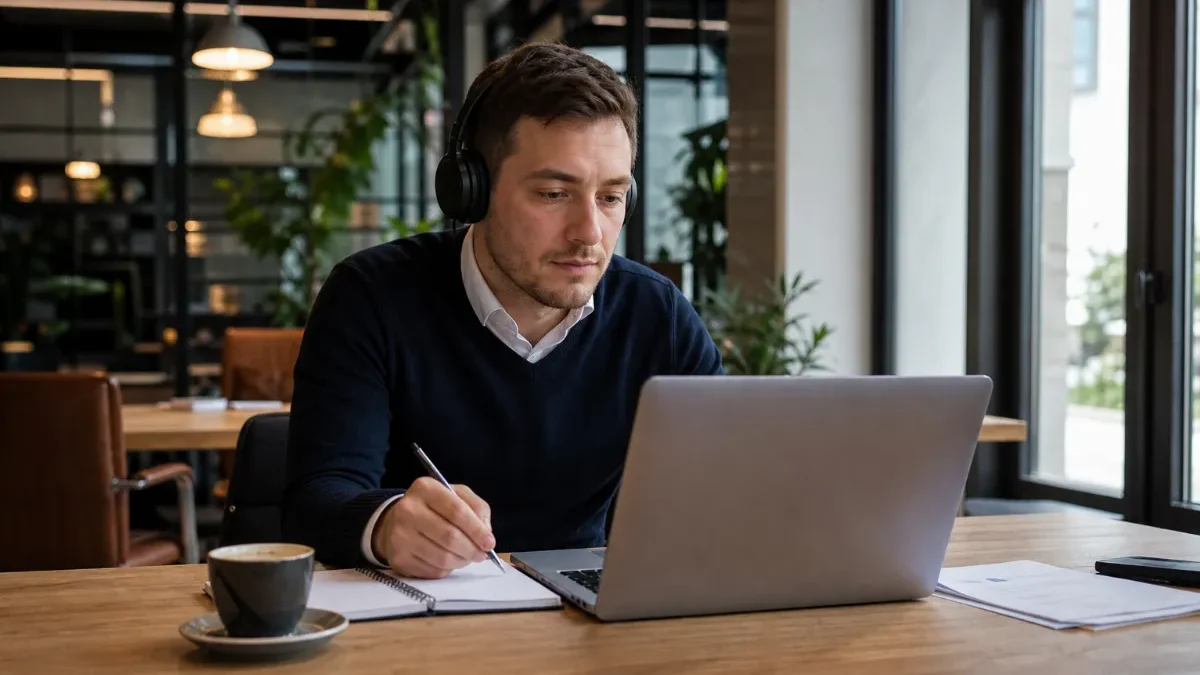Strokovnjak med spletnim tečajem v sodobnem coworking prostoru z zapiski