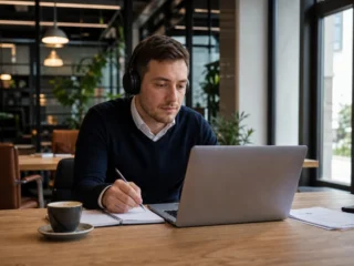 Strokovnjak med spletnim tečajem v sodobnem coworking prostoru z zapiski