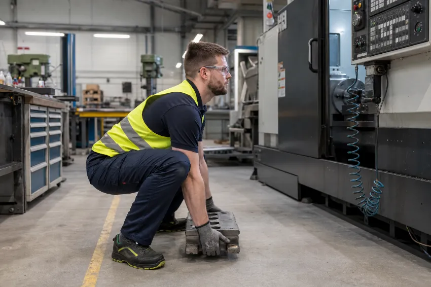 Prikaz pravilne tehnike dviganja s pokrčenimi koleni, ravnim hrbtom in bremenom ob telesu